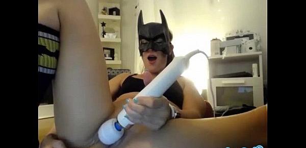  teen lesbian with batman mask trying to squirt for her step sister
